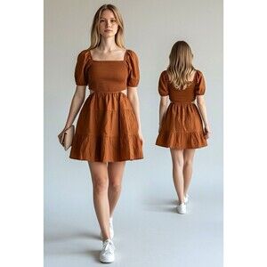 Xlear Brown Smocked Square Neck Puff Sleeve A-Line Mini Dress Size M